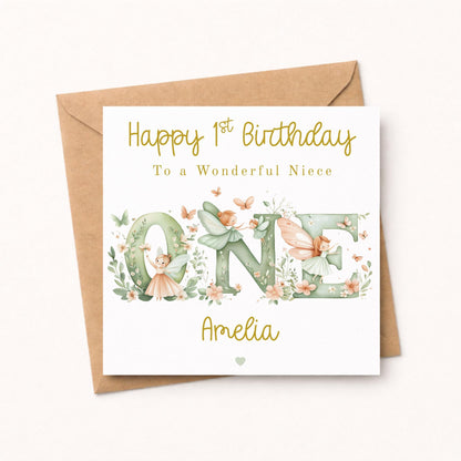 Fairy 1st Birthday Card Girl - Personalised Gold Foil Finish Fairy Garden Birthday Card - Daughter Niece Granddaughter A
