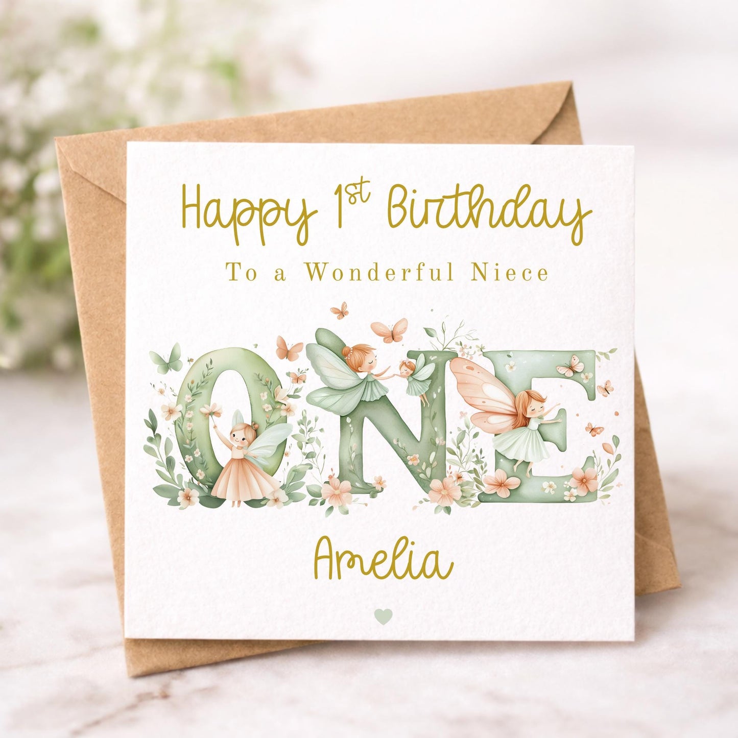 Fairy 1st Birthday Card Girl - Personalised Gold Foil Finish Fairy Garden Birthday Card - Daughter Niece Granddaughter A