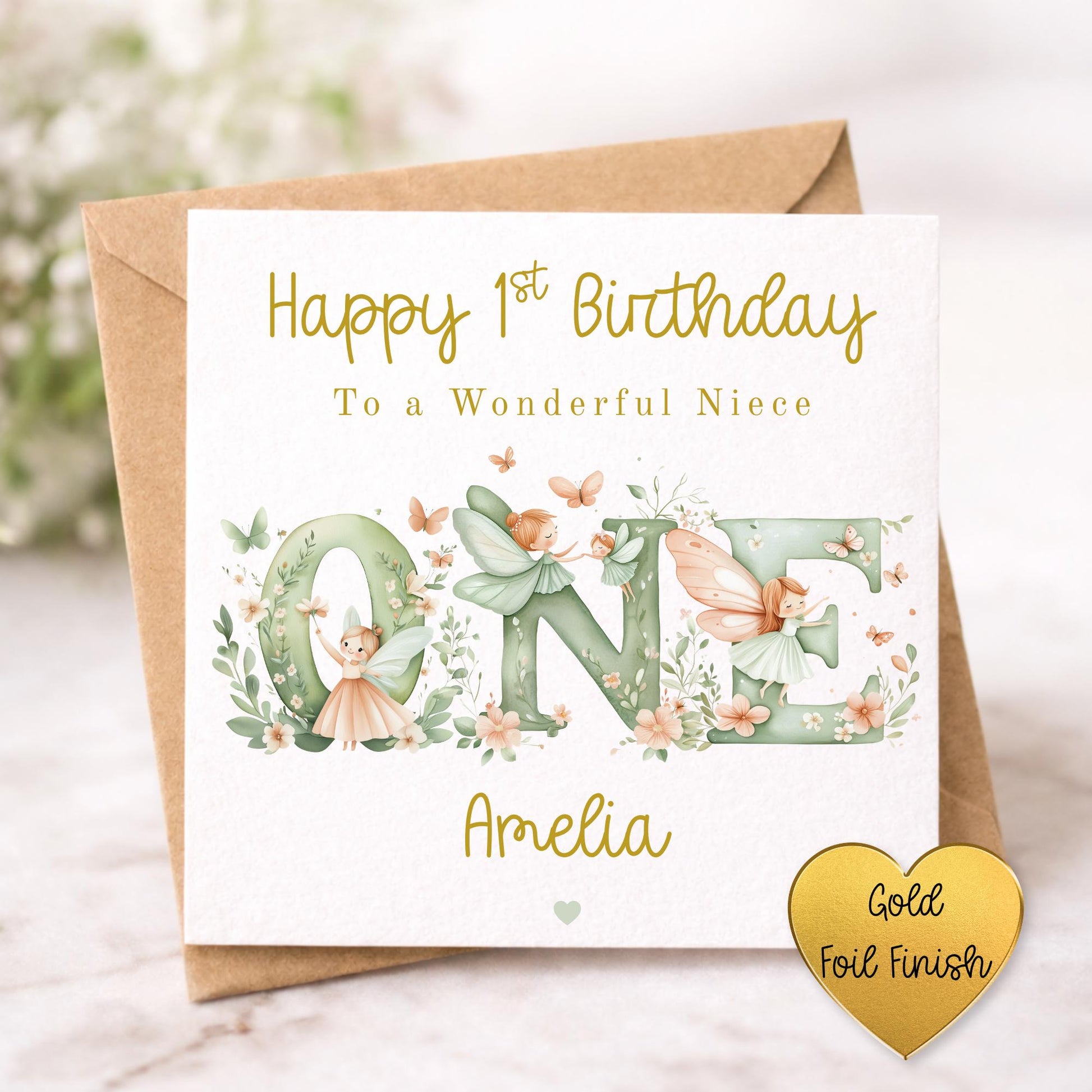 Fairy 1st Birthday Card Girl - Personalised Gold Foil Finish Fairy Garden Birthday Card - Daughter Niece Granddaughter A