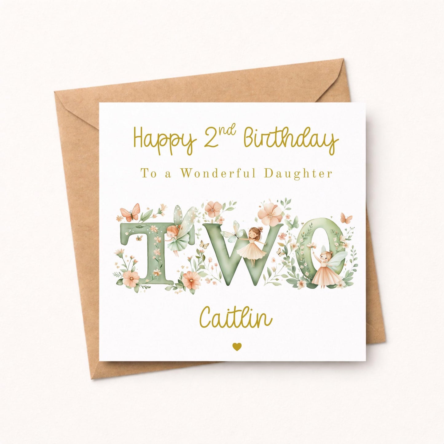 Fairy 2nd Birthday Card Girl - Personalised Gold Foil Finish Fairy Garden Birthday Card - Daughter Niece Granddaughter A