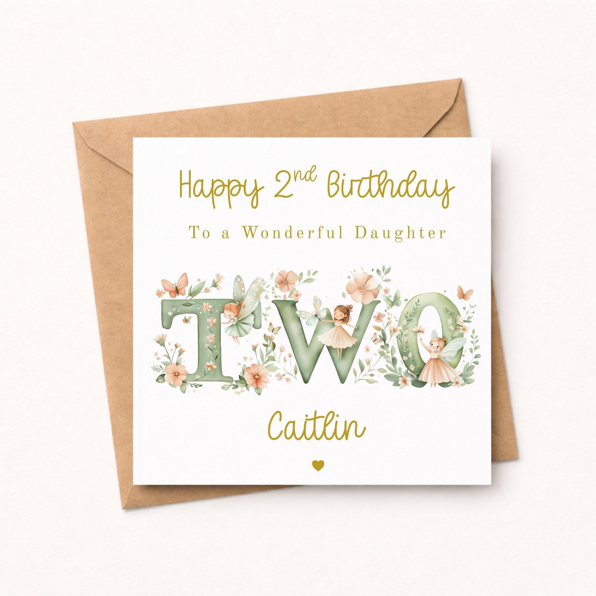 Fairy 2nd Birthday Card Girl - Personalised Gold Foil Finish Fairy Garden Birthday Card - Daughter Niece Granddaughter A