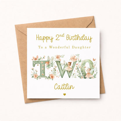 Fairy 2nd Birthday Card Girl - Personalised Gold Foil Finish Fairy Garden Birthday Card - Daughter Niece Granddaughter A