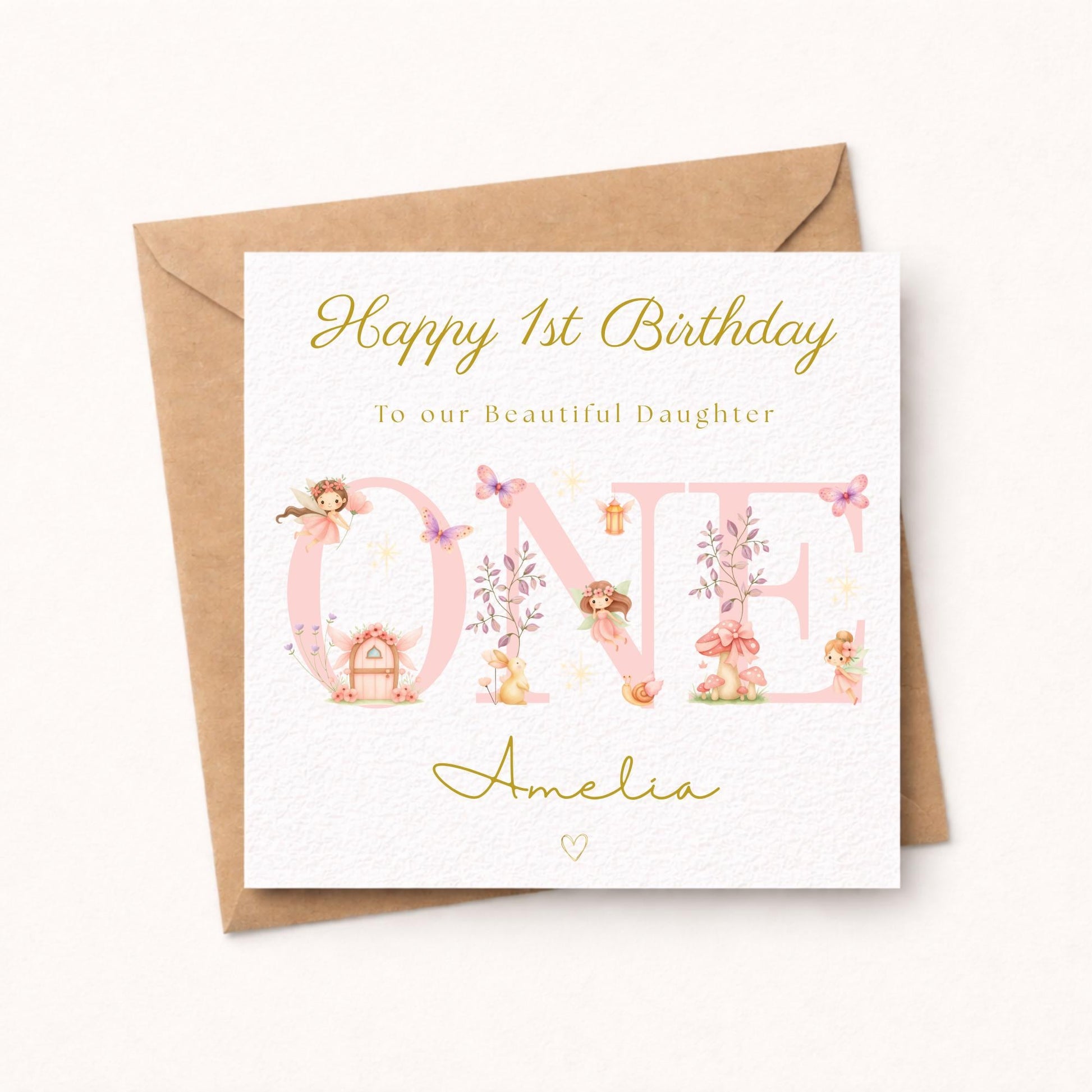 Fairy 1st Birthday Card Girl - Personalised Gold Foil Finish Fairy Garden Birthday Card - Daughter Niece Granddaughter A
