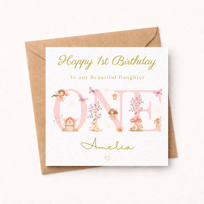 Fairy 1st Birthday Card Girl - Personalised Gold Foil Finish Fairy Garden Birthday Card - Daughter Niece Granddaughter A