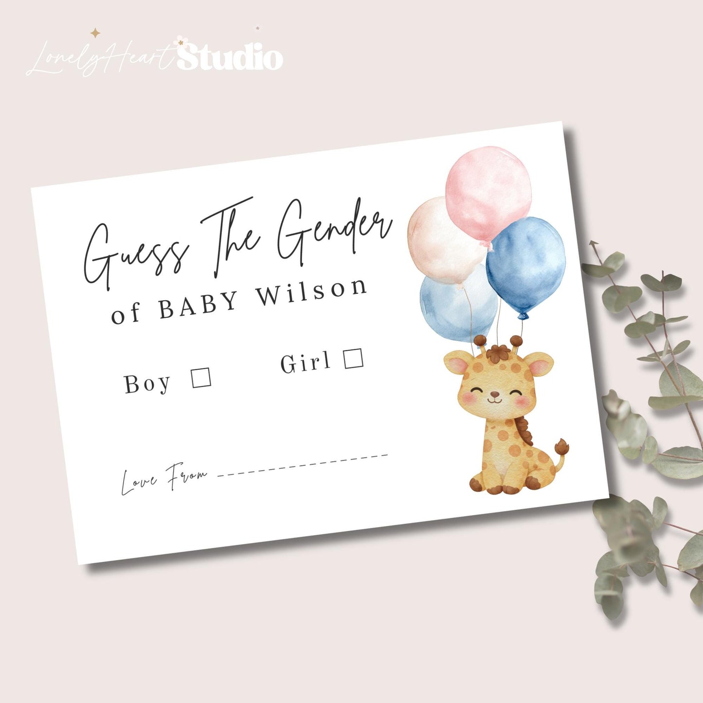 Personalised Gender Reveal Giraffe with Balloons Game Cards