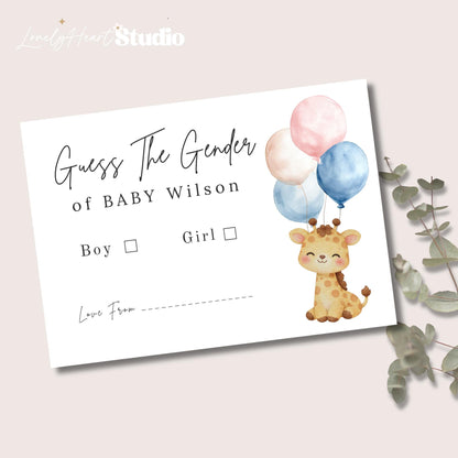 Personalised Gender Reveal Giraffe with Balloons Game Cards
