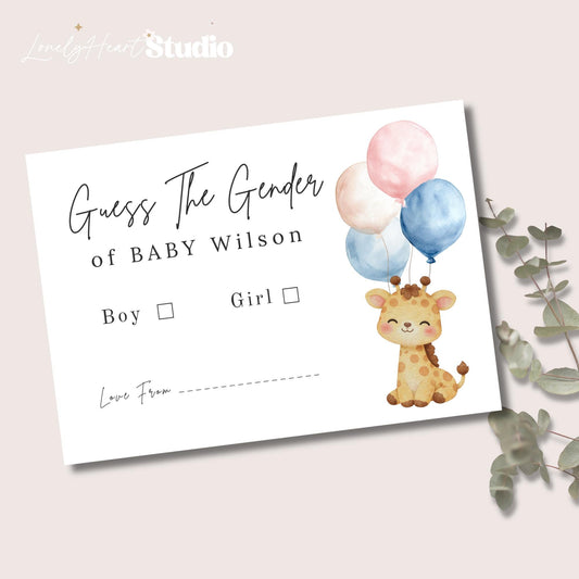 Personalised Gender Reveal Giraffe with Balloons Game Cards