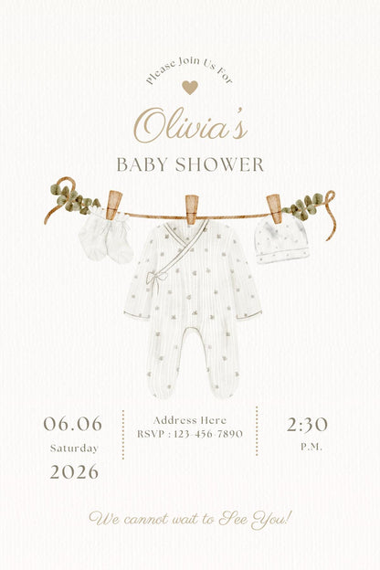Personalised Baby Shower Invitations with Envelopes Gender Neutral Baby Grow washing line