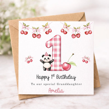 Personalised 1st Birthday Card for Granddaughter – Cherry Panda First Birthday Card – Pink Gingham Birthday Card – Cute 