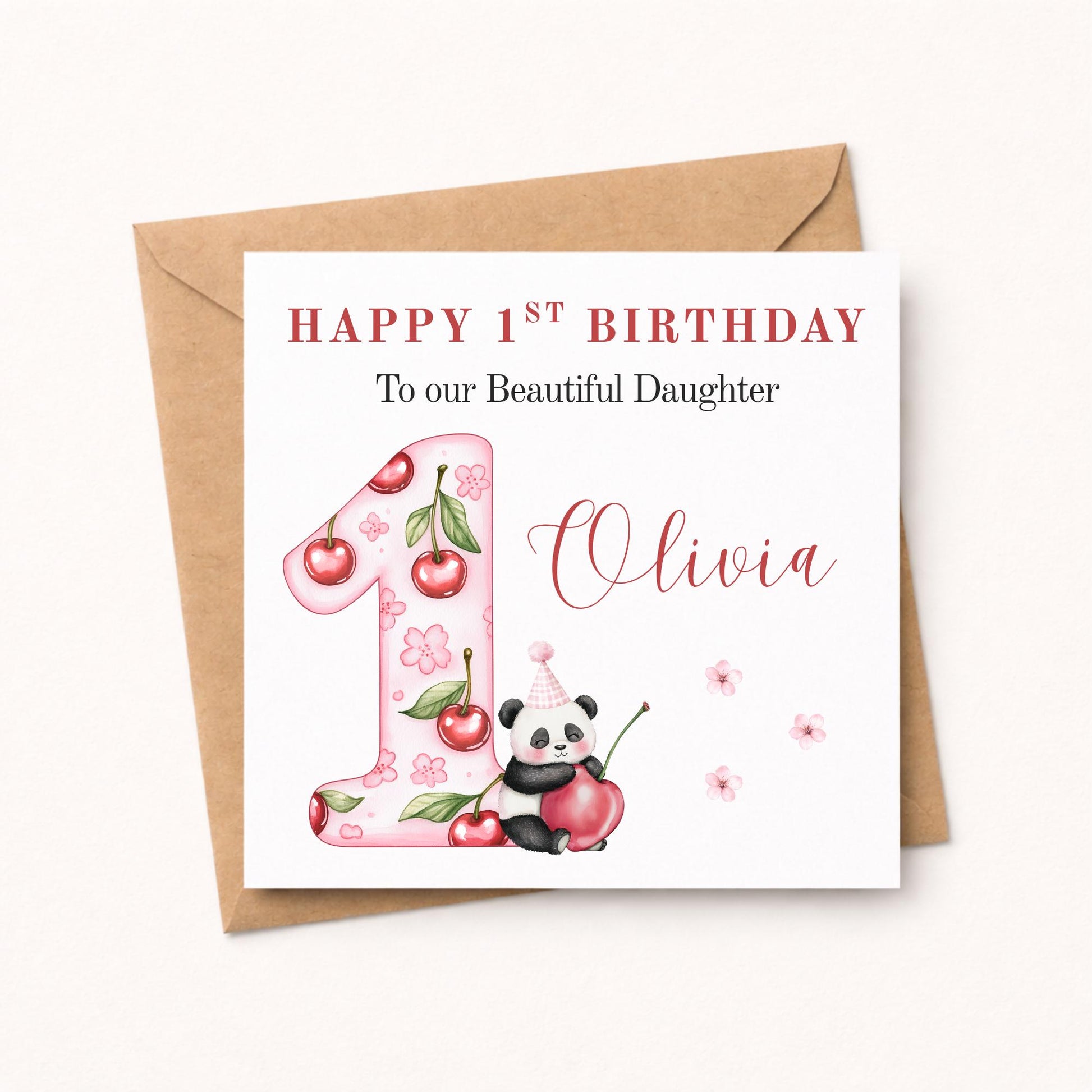 1st Birthday Cherry Panda Card Girl - Personalised First Birthday Card