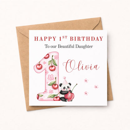 1st Birthday Cherry Panda Card Girl - Personalised First Birthday Card