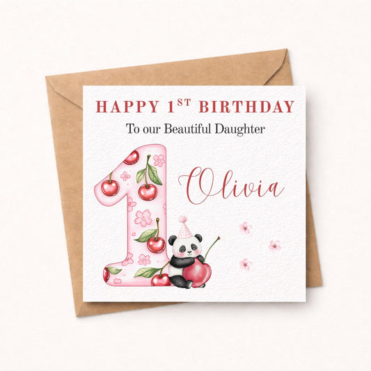 1st Birthday Cherry Panda Card Girl - Personalised First Birthday Card