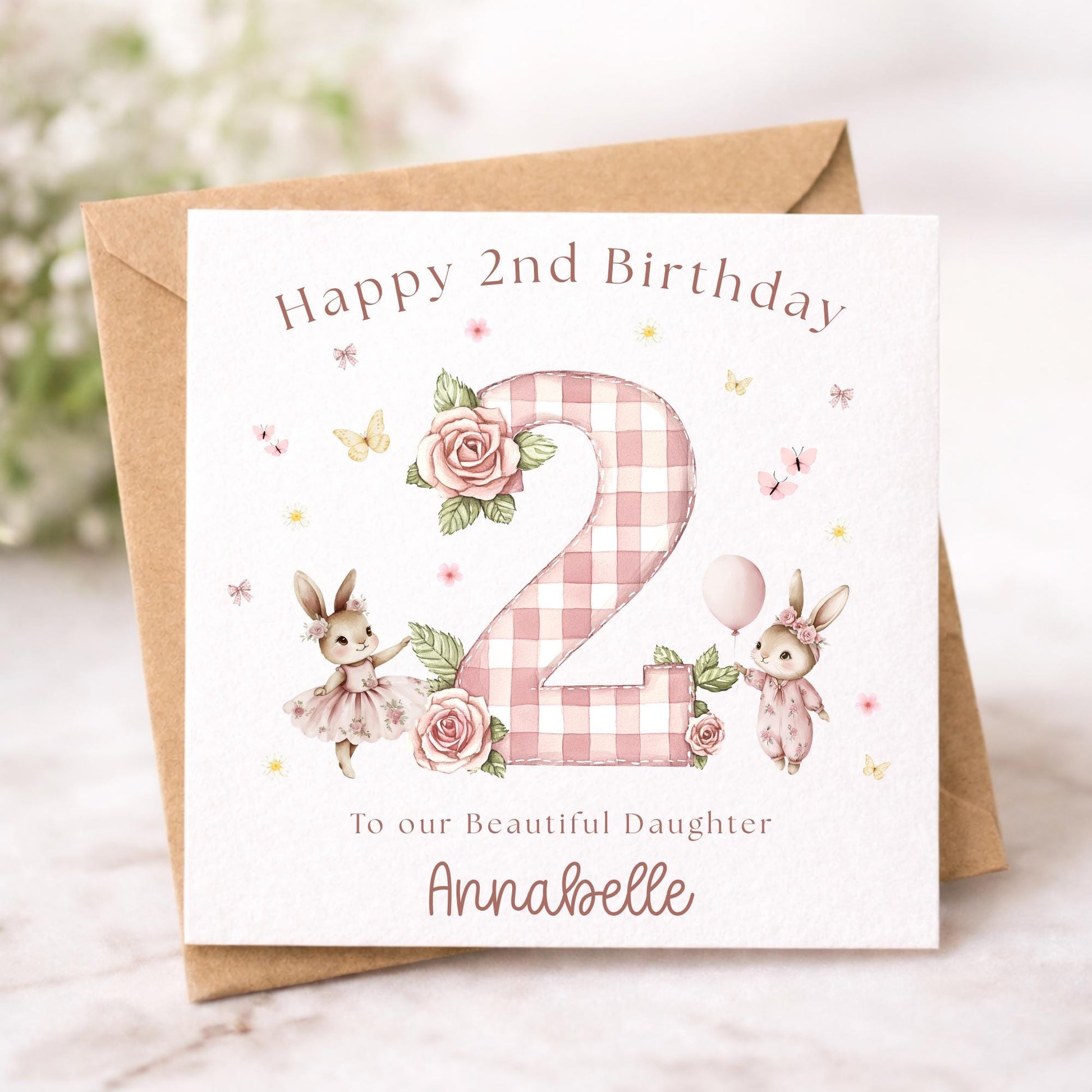 2nd Birthday Bunny Card Girl - Personalised Watercolour Second Birthday Card