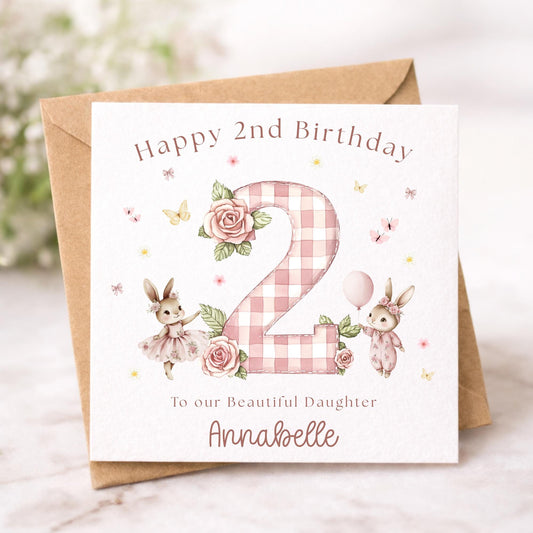 2nd Birthday Bunny Card Girl - Personalised Watercolour Second Birthday Card
