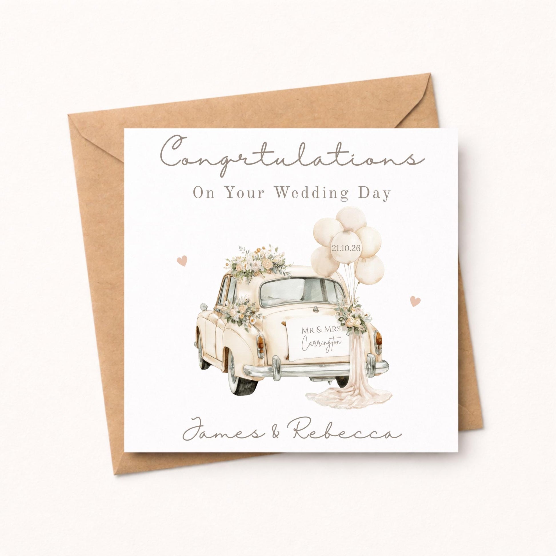 Personalised Wedding Card, Watercolour Floral Car