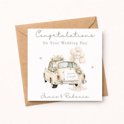 Personalised Wedding Card, Watercolour Floral Car