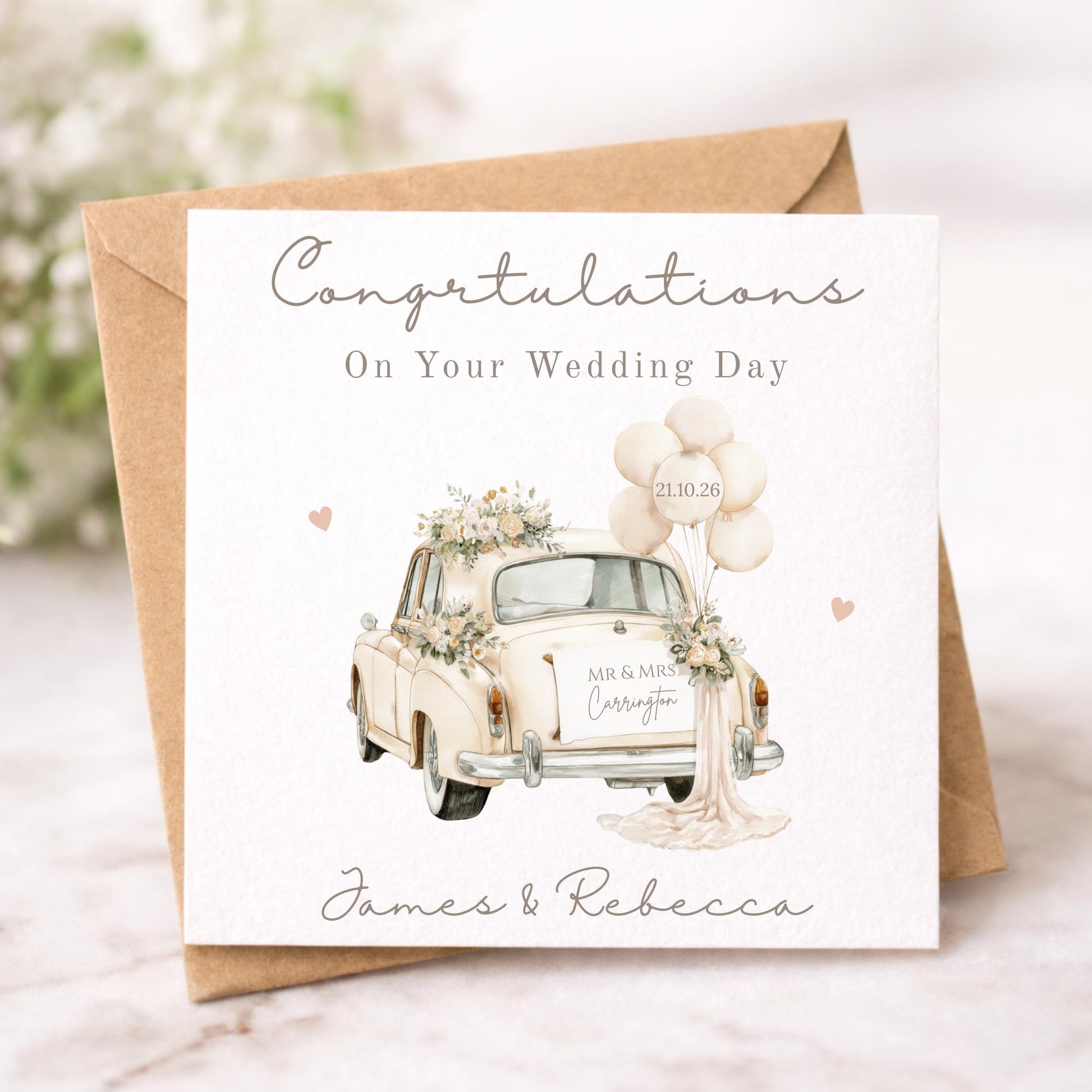 Personalised Wedding Card, Watercolour Floral Car