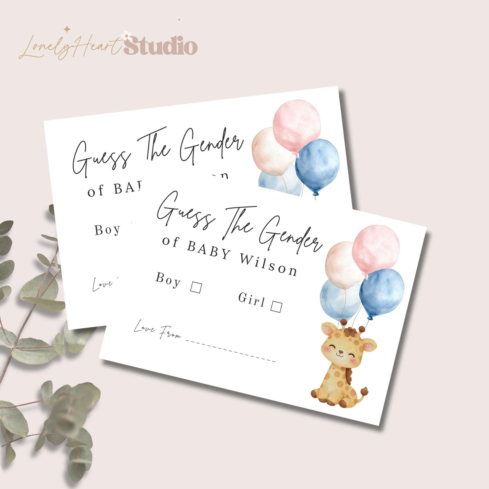 Personalised Gender Reveal Giraffe with Balloons Game Cards