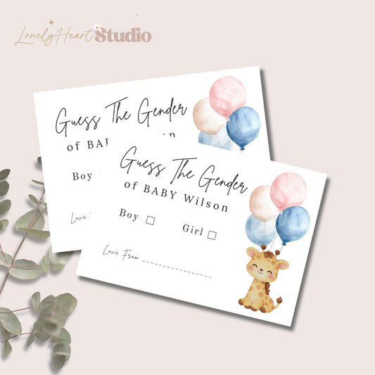 Personalised Gender Reveal Giraffe with Balloons Game Cards