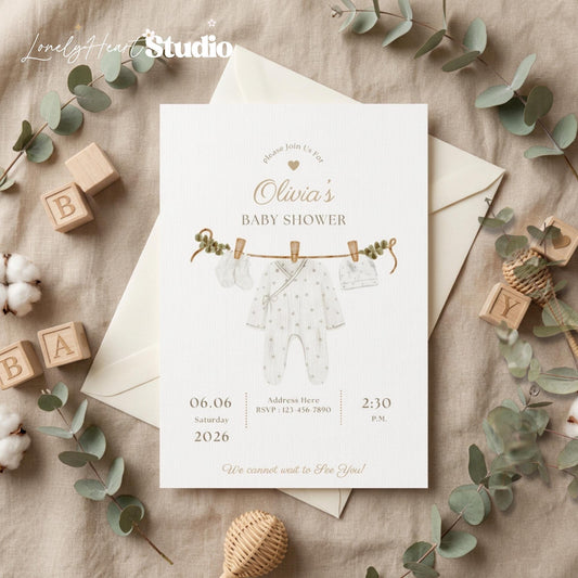 Personalised Baby Shower Invitations with Envelopes Gender Neutral Baby Grow washing line