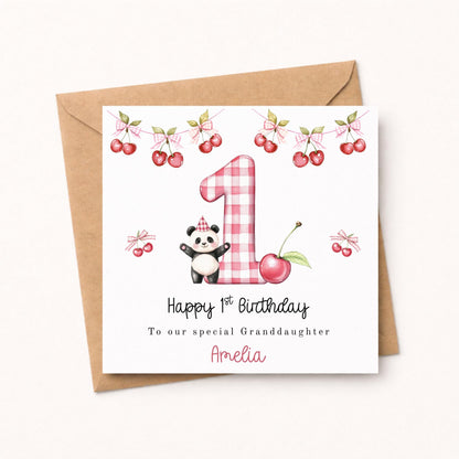 Personalised 1st Birthday Card for Granddaughter – Cherry Panda First Birthday Card – Pink Gingham Birthday Card – Cute 