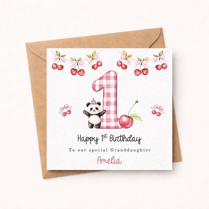 Personalised 1st Birthday Card for Granddaughter – Cherry Panda First Birthday Card – Pink Gingham Birthday Card – Cute 