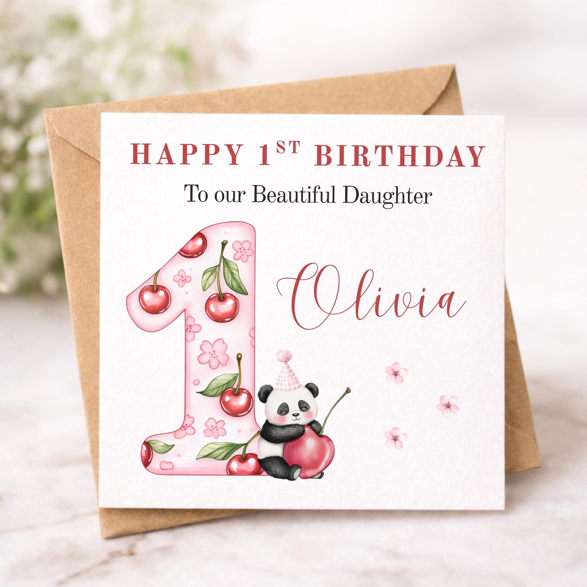 1st Birthday Cherry Panda Card Girl - Personalised First Birthday Card