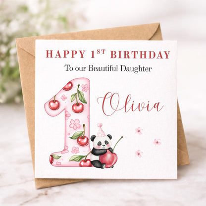 1st Birthday Cherry Panda Card Girl - Personalised First Birthday Card