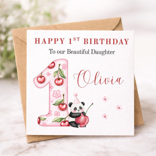 1st Birthday Cherry Panda Card Girl - Personalised First Birthday Card