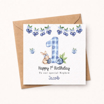 Blueberry Bunny 1st Birthday Card – Personalised Nephew Birthday Card – Cute Rabbit First Birthday Card – Blue Gingham B