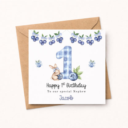 Blueberry Bunny 1st Birthday Card – Personalised Nephew Birthday Card – Cute Rabbit First Birthday Card – Blue Gingham B