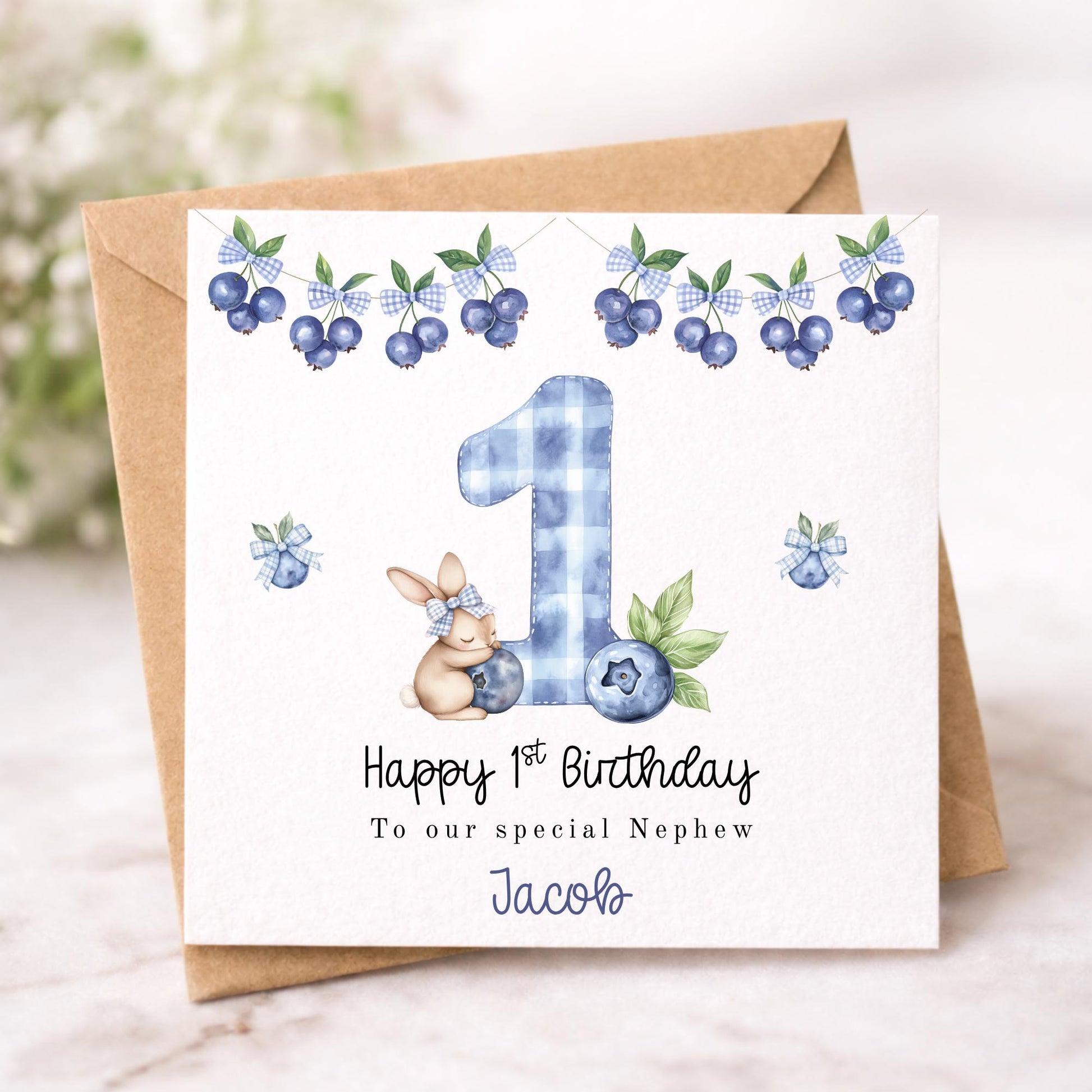 Blueberry Bunny 1st Birthday Card – Personalised Nephew Birthday Card – Cute Rabbit First Birthday Card – Blue Gingham B