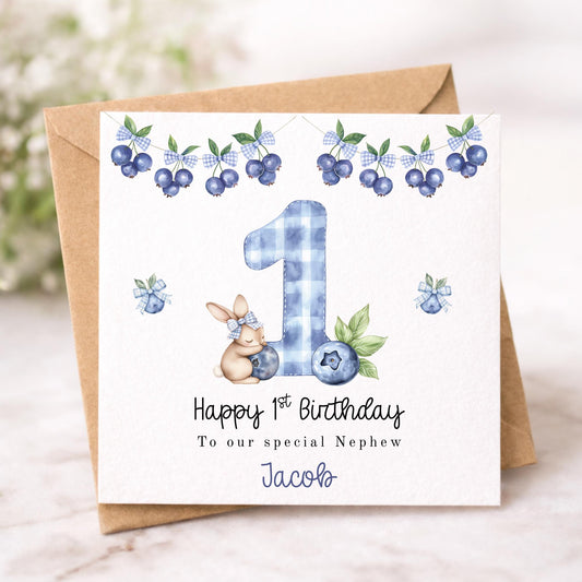 Blueberry Bunny 1st Birthday Card – Personalised Nephew Birthday Card – Cute Rabbit First Birthday Card – Blue Gingham B