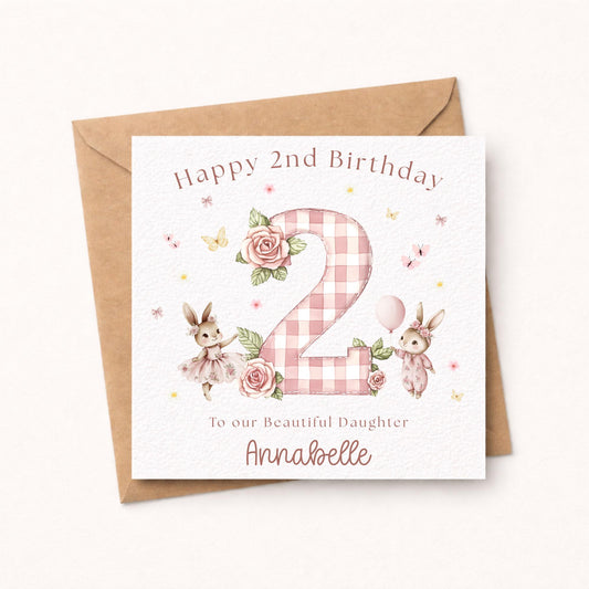 2nd Birthday Bunny Card Girl - Personalised Watercolour Second Birthday Card