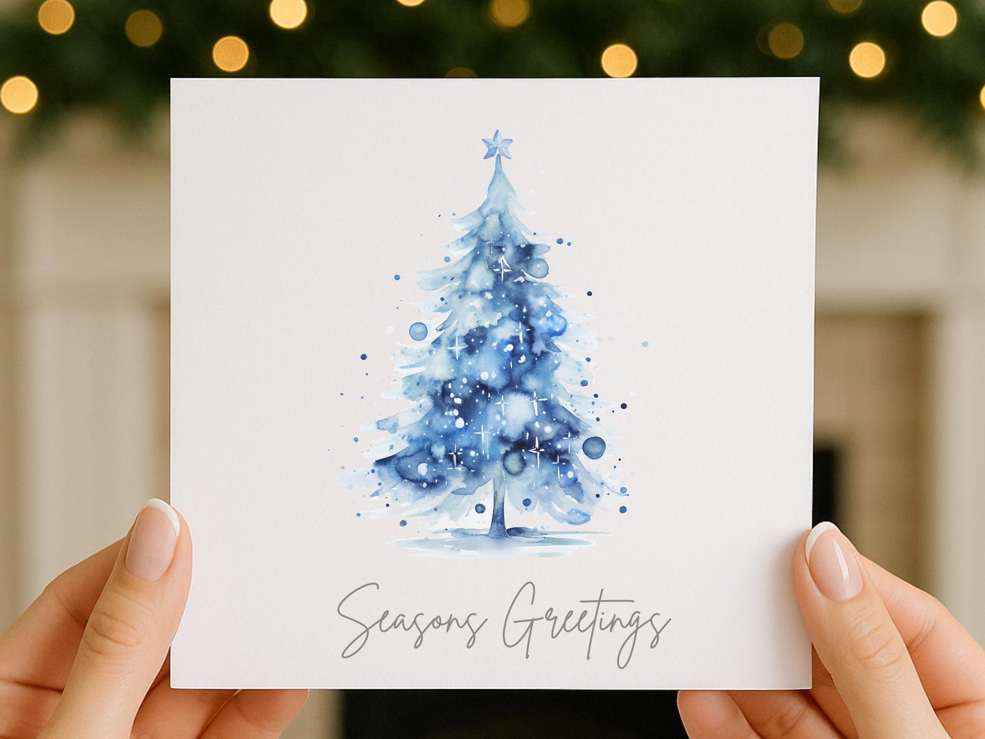 Watercolour Blue Christmas Tree Cards - Single or Multipack Seasons Greetings