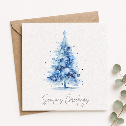 Watercolour Blue Christmas Tree Cards - Single or Multipack Seasons Greetings