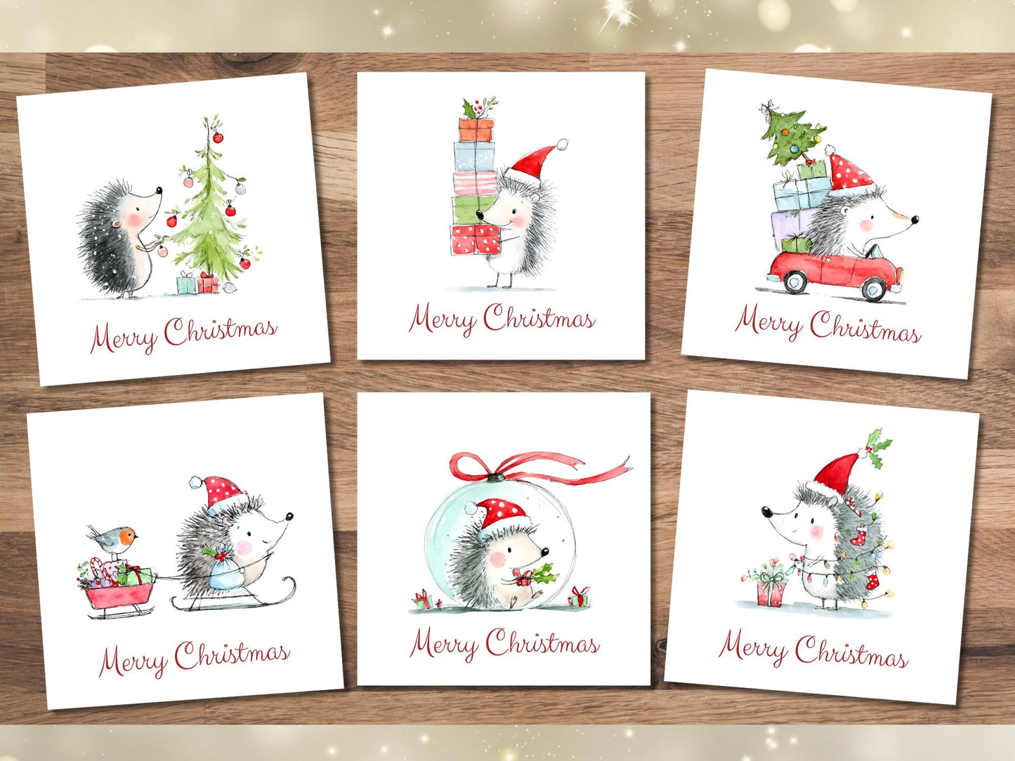 Handmade Christmas Cards set: Whimsical Festive Hedgehogs Designs Pack of 6 Seasons Greetings