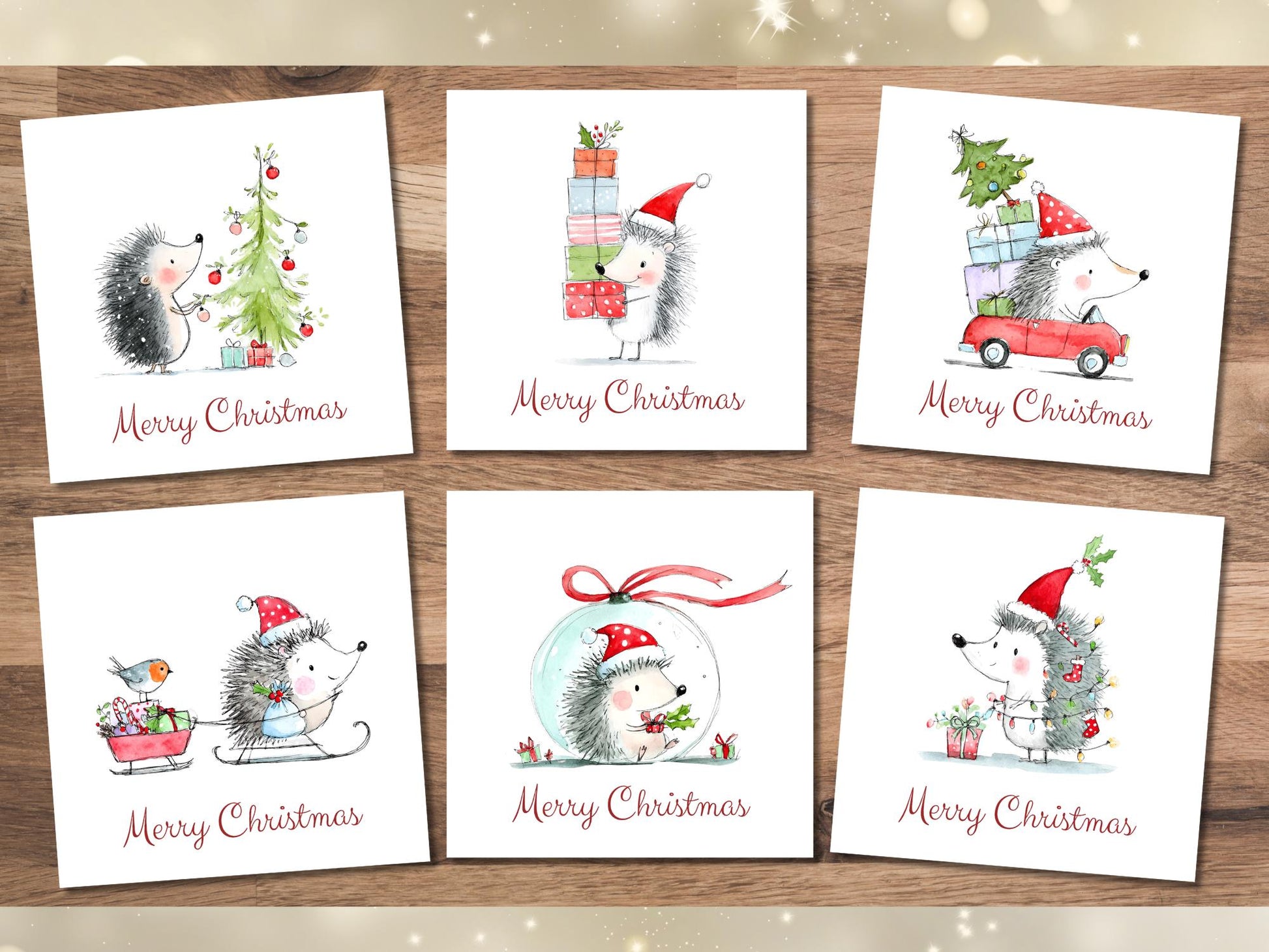 Handmade Christmas Cards set: Whimsical Festive Hedgehogs Designs Pack of 6 Seasons Greetings