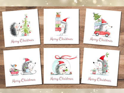 Handmade Christmas Cards set: Whimsical Festive Hedgehogs Designs Pack of 6 Seasons Greetings