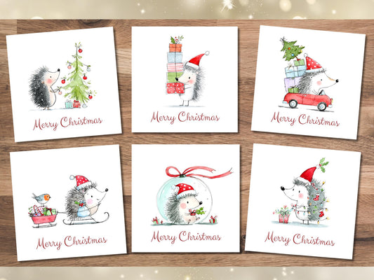 Handmade Christmas Cards set: Whimsical Festive Hedgehogs Designs Pack of 6 Seasons Greetings