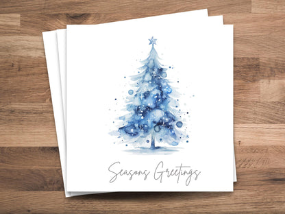Watercolour Blue Christmas Tree Cards - Single or Multipack Seasons Greetings