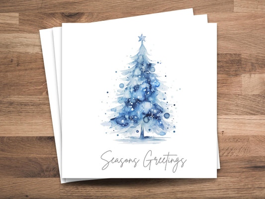 Watercolour Blue Christmas Tree Cards - Single or Multipack Seasons Greetings