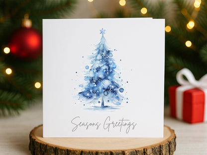 Watercolour Blue Christmas Tree Cards - Single or Multipack Seasons Greetings
