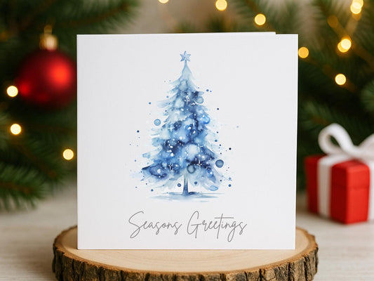 Watercolour Blue Christmas Tree Cards - Single or Multipack Seasons Greetings