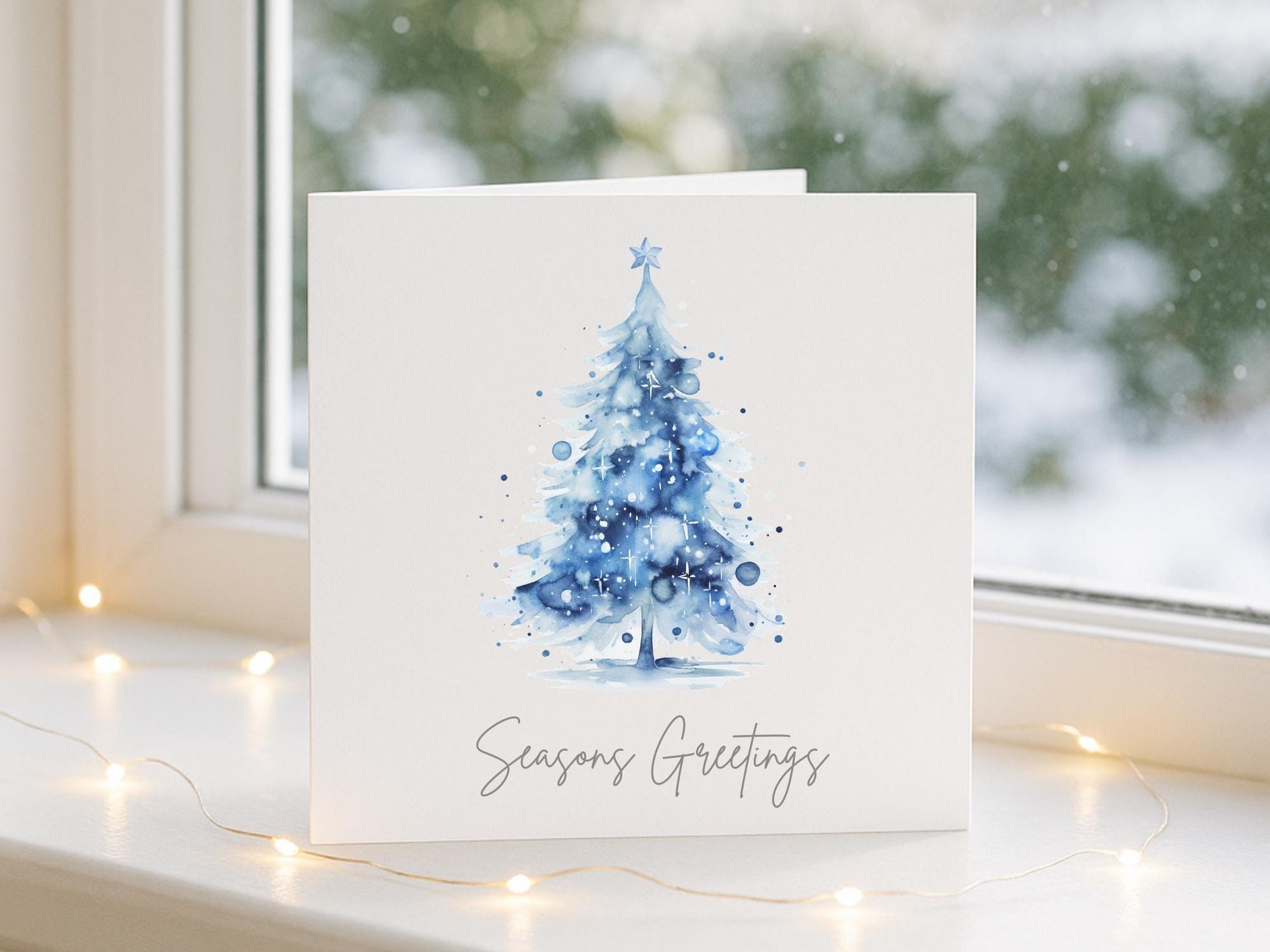 Watercolour Blue Christmas Tree Cards - Single or Multipack Seasons Greetings